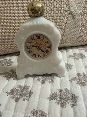 Vintage Brocade Foaming Bath Oil Milk Glass Clock Bottle Vanity Decor 5” Rare